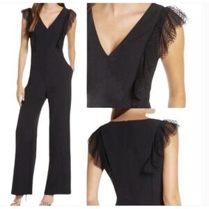 NWT Eliza J Tulle Ruffle Sleeve Stretch Crepe Jumpsuit Women's Black Size 6